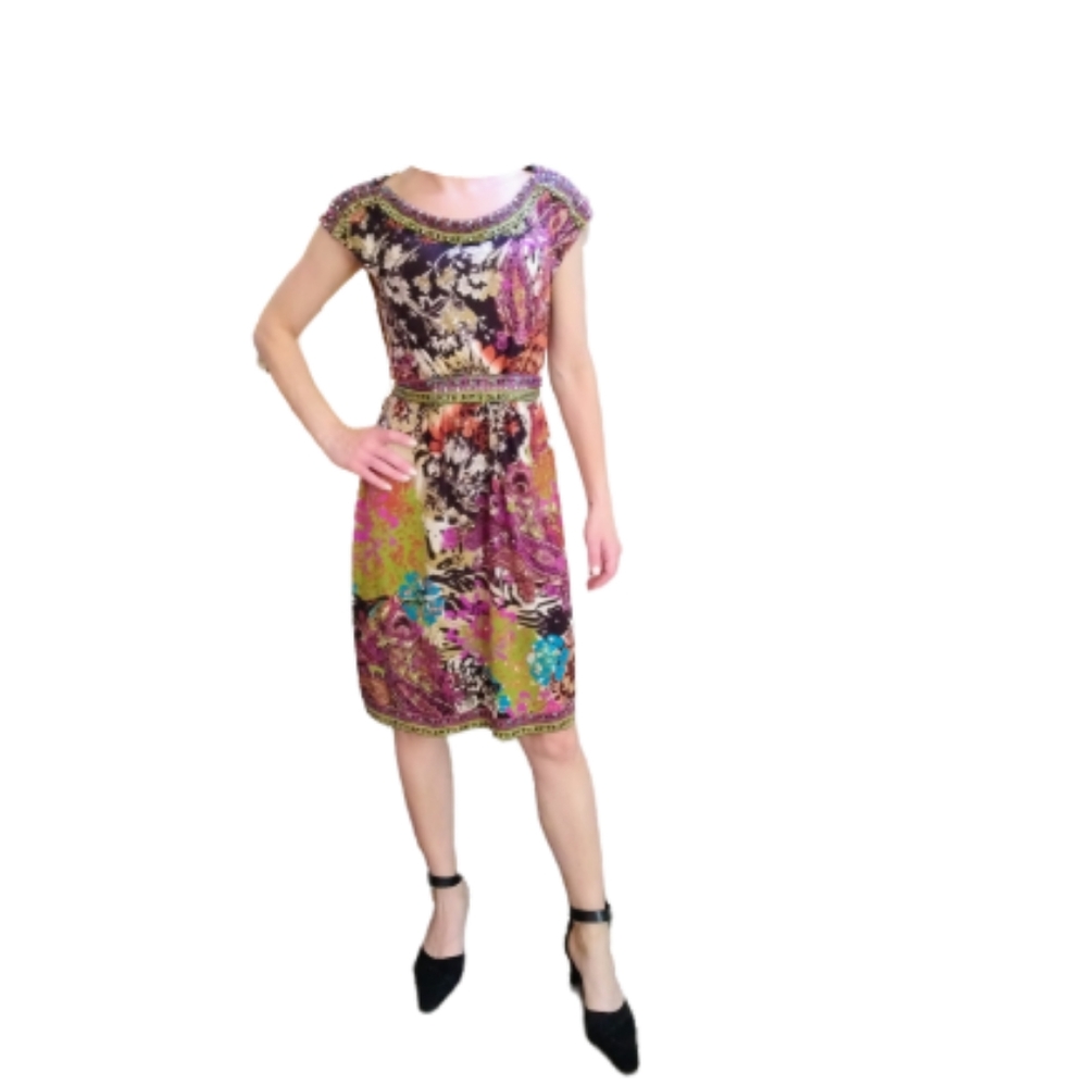 I.C.E Colorful Embellished Studded with Attached Belt and Cap Sleeve Dress